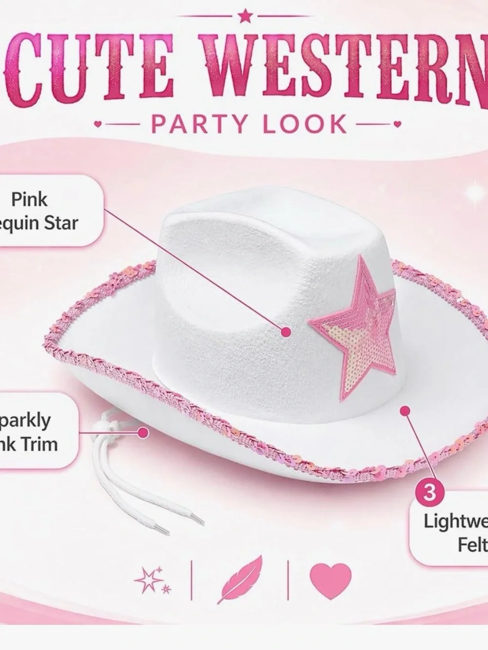 White with Pink  trim Cowgirl Hat # 3, 22 x 3 x 15,Cowboy Hat Fedora Cow